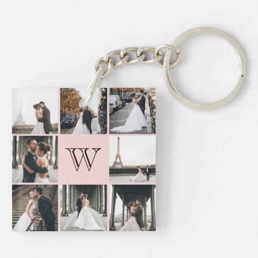 Monogram Foto Collage Blush Pink Sleutelhanger (Achterkant)