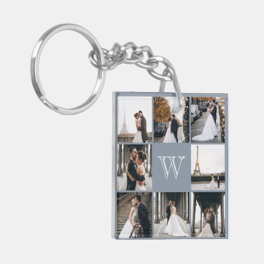 Monogram Foto Collage Dusty Blue Sleutelhanger (Voorkant Links)