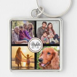 Monogram foto collage familie zwarte sleutelhanger