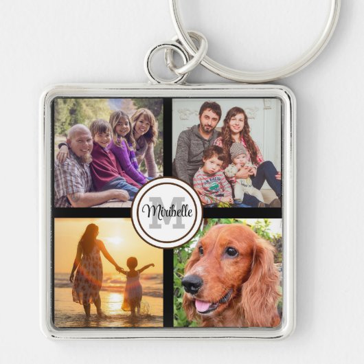 Monogram foto collage familie zwarte sleutelhanger (Voorkant)