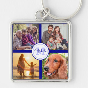 Monogram foto collage familie zwarte sleutelhanger