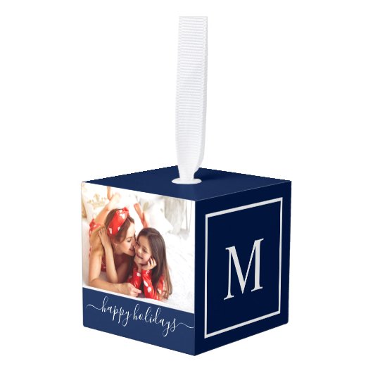 Monogram Foto Collage Happy Holiday Navy Decoratie (Voorkant hoekig)
