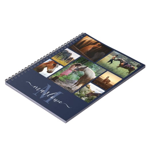 Monogram Foto Collage Navy Blue Custom Name Notitieboek (Linkerzijde)