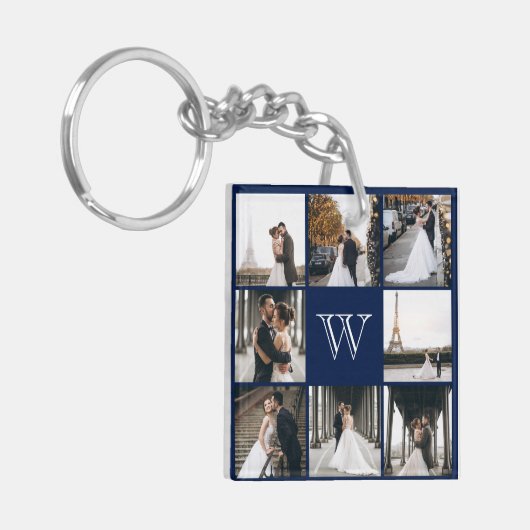 Monogram Foto Collage Navy Blue Sleutelhanger (Voorkant Links)