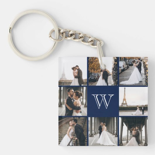 Monogram Foto Collage Navy Blue Sleutelhanger (Voorkant)