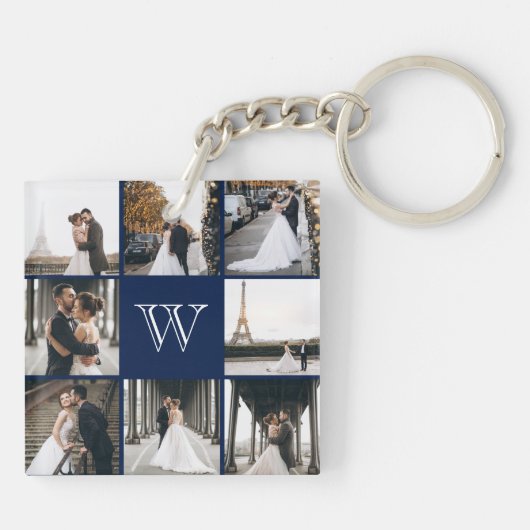 Monogram Foto Collage Navy Blue Sleutelhanger (Achterkant)