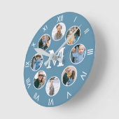 Monogram Foto Collage Roman Numbers Blue Ronde Klok (Hoek)