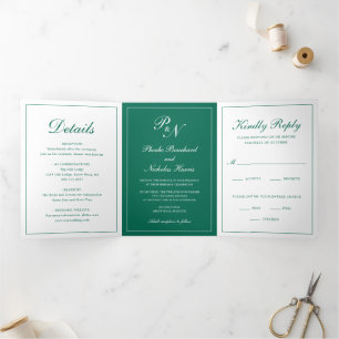 Monogram Foto Formal Emerald Green Wedding Drieluik Uitnodiging