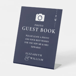 Monogram Foto Gastboek Navy Blauwe Huwelijk Reclamebord Met Voetstuk