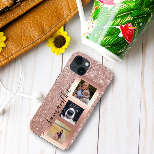 Monogram Foto Glitter Roos Gold Handgeschreven Case-Mate iPhone Case