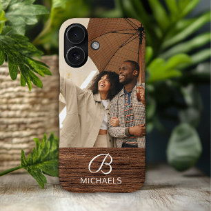 Monogram Foto Houtstructuur Houten Gepersonaliseer iPhone 16 Hoesje