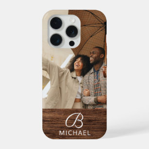 Monogram Foto Houtstructuur Houten Gepersonaliseer iPhone 15 Pro Case