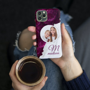 Monogram Foto Modern Floral Marble Custom Name Case-Mate iPhone Case
