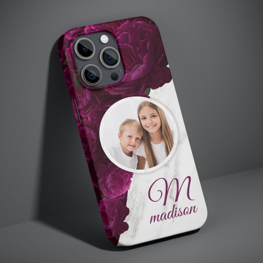Monogram Foto Modern Floral Marble Custom Name Case-Mate iPhone Case