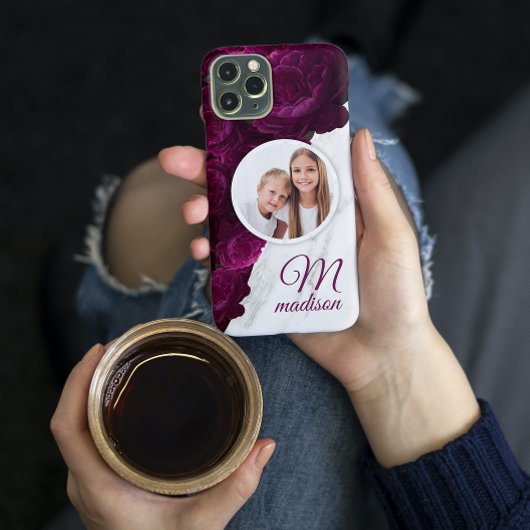Monogram Foto Modern Floral Marble Custom Name Case-Mate iPhone Case