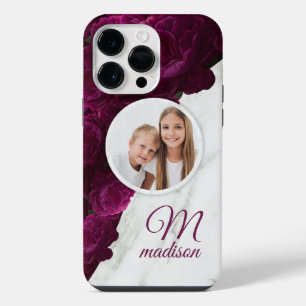 Monogram Foto Moderne Bloem Marmer Aangepaste Naam iPhone 14 Pro Max Hoesje