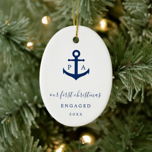 Monogram Foto Nautical First Kerstmis Engaged Keramisch Ornament (Boom)
