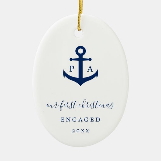 Monogram Foto Nautical First Kerstmis Engaged Keramisch Ornament (Voorkant)