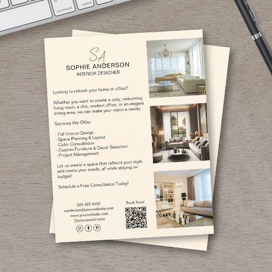 Monogram Foto QR Cream Professioneel Bedrijf Flyer