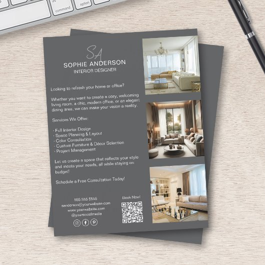 Monogram Foto QR Grijs Zakelijk Professioneel Flyer