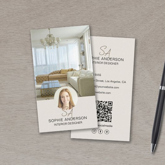 Monogram Foto QR Social Media Interieurontwerper Visitekaartje