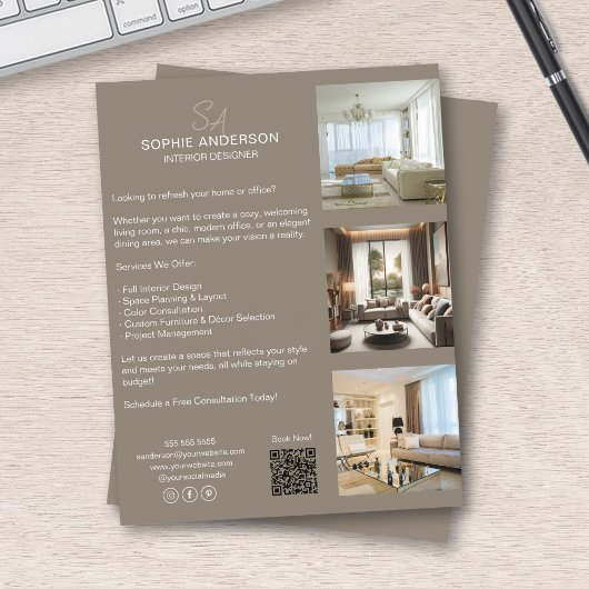 Monogram Foto QR Taupe Zakelijk Profsioneel Flyer