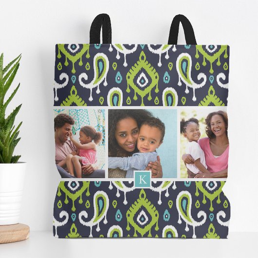 Monogram foto van Navy and Green Ikat Paisley Fami Tote Bag