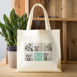 Monogram fotocollage - Tot 5 foto's Blauwgroen Tote Bag<br><div class="desc">U kunt vierkante of selfie foto's voor dit ontwerp gebruiken. Gebruik vijf vierkante foto's om een uniek en persoonlijk cadeau te creëer. Of je kunt de hipster puppy houden en een trendy keepslag maken. Als u de afbeeldingen moet aanpassen,  klik op het aanpassingshulpmiddel om veranderingen aan te brengen.</div>