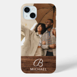Monogram Fotohout Grain Timber Persoonlijke naam iPhone 15 Mini Hoesje