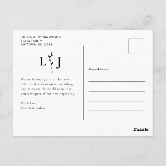 Monogram Fotoscript Bruiloft Dank u Briefkaart (Achterkant)