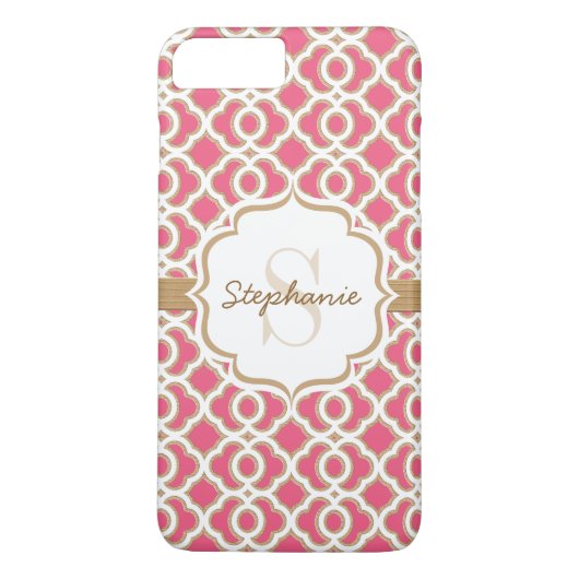 Monogram Fuchsia en Gold Quatrefoil Case-Mate iPhone Case (Achterkant)
