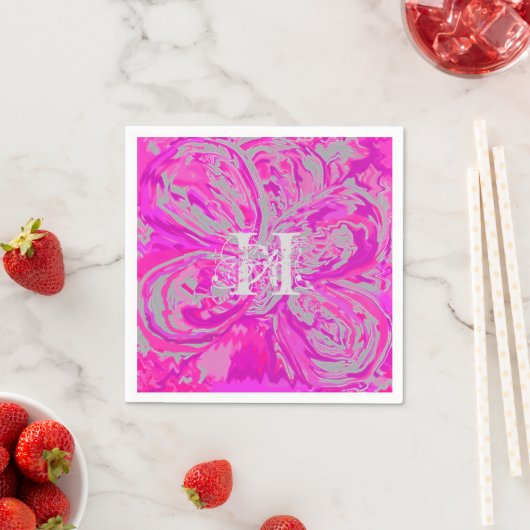Monogram Fuchsia Pink Cocktail Paper Napkins Servetten (Insitu)