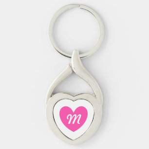 Monogram fuchsia roze hart op wit sleutelhanger