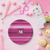 Monogram fuchsia strepen papieren bordje (Feest)