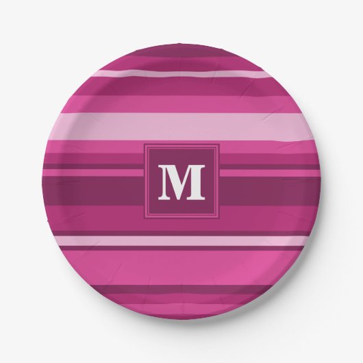 Monogram fuchsia strepen papieren bordje (Voorkant)
