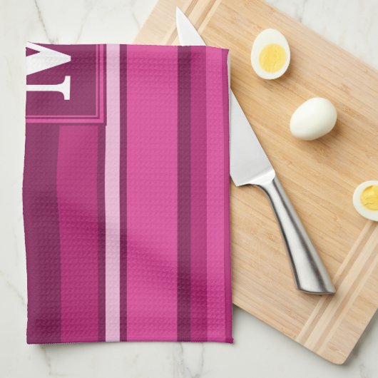 Monogram fuchsia strepen theedoek (Quarter Fold)