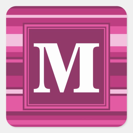 Monogram fuchsia strepen vierkante sticker (Voorkant)