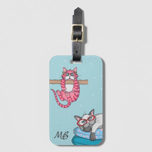 Monogram Funny Whimsical Cats Trendy Modern Bagagelabel (Voorkant (verticaal))