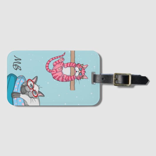 Monogram Funny Whimsical Cats Trendy Modern Bagagelabel (Voorkant (horizontaal))