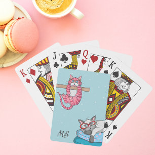 Monogram Funny Whimsical Cats Trendy Modern Pokerkaarten
