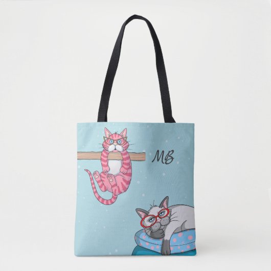 Monogram Funny Whimsical Cats Trendy Modern Tote Bag (Voorkant)