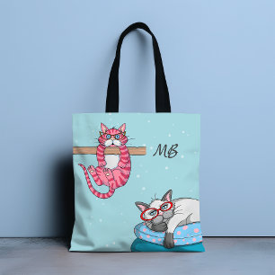 Monogram Funny Whimsical Cats Trendy Modern Tote Bag