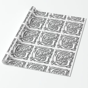 Monogram G Initiaal Black en White Floral Pattern Cadeaupapier