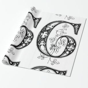 Monogram G Initiaal Black en White Floral Pattern Cadeaupapier