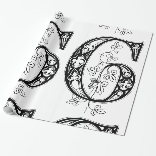 Monogram G Initiaal Black en White Floral Pattern Cadeaupapier (Uitgerold)