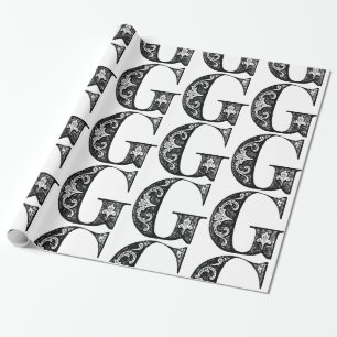 Monogram G Initiaal Black en White Floral Pattern Cadeaupapier