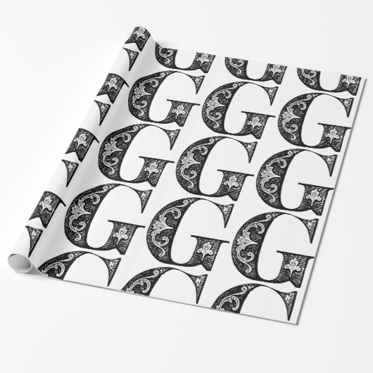 Monogram G Initiaal Black en White Floral Pattern Cadeaupapier (Uitgerold)