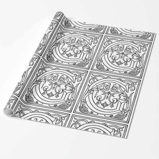 Monogram G Initiaal Black en White Floral Pattern Cadeaupapier (Uitgerold)