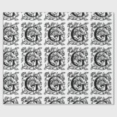 Monogram G Initiaal Black en White Floral Pattern Cadeaupapier (Vlak)