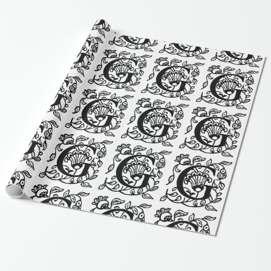 Monogram G Initiaal Black en White Floral Pattern Cadeaupapier (Uitgerold)